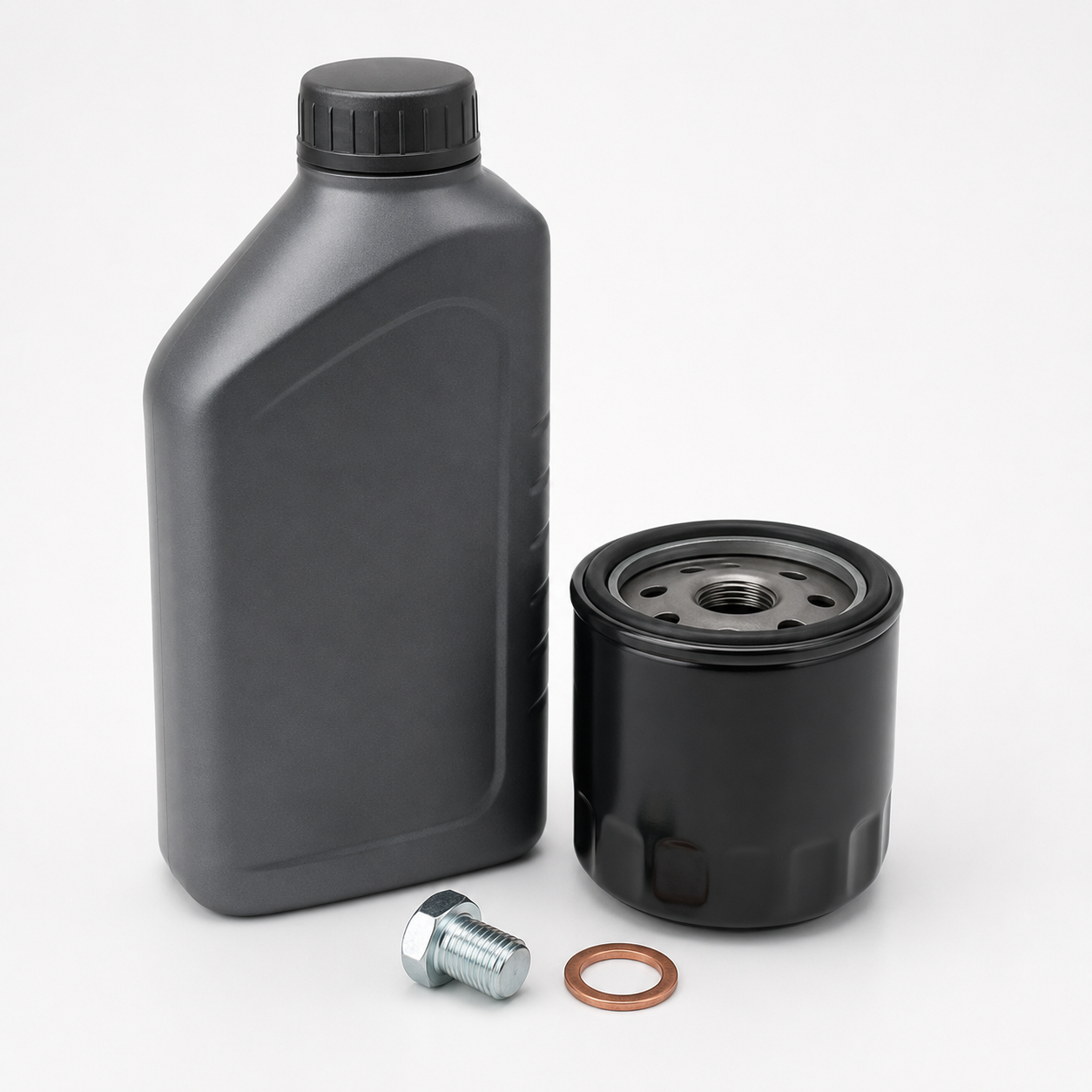 Generic engine oil service kit on a clean studio background