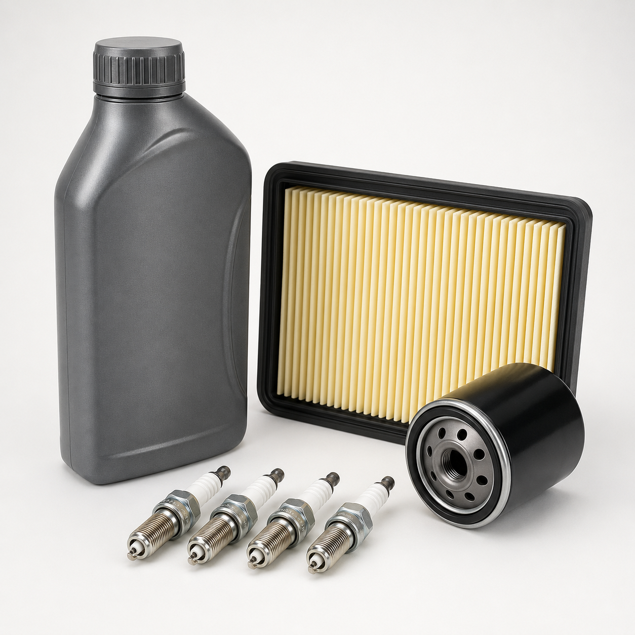 Generic petrol vehicle service kit on a clean studio background